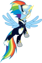 Size: 4040x6083 | Tagged: safe, artist:lahirien, derpibooru import, rainbow dash, zapp, pegasus, pony, absurd resolution, female, glowing eyes, mare, mouth hold, necklace, pendant, power ponies, simple background, solo, superhero, transparent background, vector