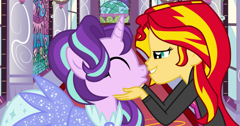 Size: 3508x1844 | Tagged: safe, artist:wissle, derpibooru import, starlight glimmer, sunset shimmer, pony, unicorn, equestria girls, canterlot, clothes, dress, eyes closed, female, imminent kissing, interspecies, jacket, leather jacket, lesbian, mare, shimmerglimmer, shipping, wat