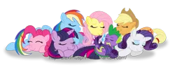 Size: 1280x513 | Tagged: safe, artist:aleximusprime, derpibooru import, applejack, fluttershy, pinkie pie, rainbow dash, rarity, spike, twilight sparkle, dragon, earth pony, pegasus, pony, unicorn, baby, baby dragon, cuddle puddle, cuddling, cute, cutie mark, dashabetes, diapinkes, eyes closed, female, folded wings, horn, jackabetes, male, mane seven, mane six, mare, pony pile, raribetes, shyabetes, signature, simple background, sleeping, spikabetes, transparent background, twiabetes, unicorn twilight, watermark, wings