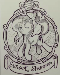 Size: 892x1115 | Tagged: safe, artist:gensokishidan, derpibooru import, sunset shimmer, pony, eyes closed, frame, monochrome, solo, traditional art