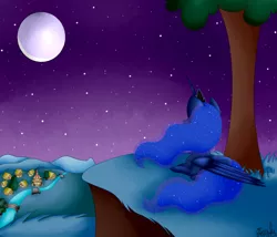 Size: 1400x1200 | Tagged: safe, artist:pinkpearlmlp, derpibooru import, princess luna, pony, moon, night, ponyville, prone, solo, tree