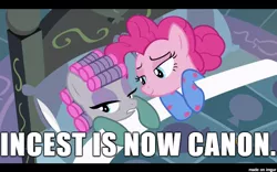 Size: 610x381 | Tagged: safe, derpibooru import, edit, edited screencap, screencap, maud pie, pinkie pie, earth pony, pony, rock solid friendship, bed, canon, caption, clothes, female, image macro, implied sex, incest, lesbian, meme, out of context, pajamas, pillow, pinkiemaud, shipping