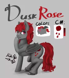 Size: 2796x3169 | Tagged: safe, artist:mik3thestrange, derpibooru import, oc, oc:dusk rose, unofficial characters only, bat pony, pony, anatomically incorrect, female, gray background, incorrect leg anatomy, mare, reference sheet, simple background, solo