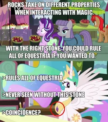 Size: 1280x1440 | Tagged: safe, derpibooru import, edit, edited screencap, screencap, maud pie, princess celestia, starlight glimmer, alicorn, earth pony, pony, unicorn, rock solid friendship, caption, conspiracy theory, female, image macro, jewelry, mare, meme, peytral, regalia, text