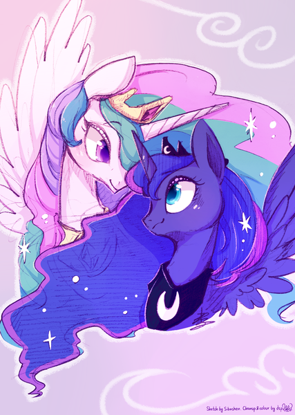 Size: 911x1280 | Tagged: safe, artist:dsp2003, artist:sibashen, color edit, derpibooru import, edit, princess celestia, princess luna, alicorn, pony, bust, color porn, colored, colored sketch, crown, duo, duo female, female, jewelry, mare, portrait, regalia, retouched, royal sisters, traditional art