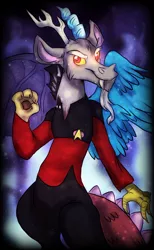 Size: 960x1556 | Tagged: artist:not-ordinary-pony, clothes, crossover, dead source, derpibooru import, discord, disqord, fangs, glowing eyes, looking at you, q, red eyes, safe, smiling, star trek, uniform, voice actor joke