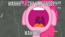 Size: 1024x576 | Tagged: safe, derpibooru import, edit, edited screencap, screencap, pinkie pie, pony, rock solid friendship, caption, crying, discovery family logo, family guy, impact font, meme, nose in the air, open mouth, reference, snoopy, solo, volumetric mouth