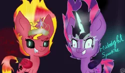 Size: 2220x1308 | Tagged: safe, derpibooru import, sci-twi, sunset shimmer, twilight sparkle, ponified, pony, equestria girls, equestria girls ponified, female, mare, midnight sparkle, midnightsatan, sunset satan