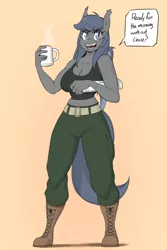 Size: 960x1440 | Tagged: safe, artist:skecchiart, derpibooru import, oc, oc:laguna, unofficial characters only, anthro, bat pony, plantigrade anthro, boots, breasts, cleavage, coffee, coffee mug, female, looking at you, mare, mug, newspaper, solo