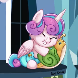 Size: 1470x1470 | Tagged: safe, artist:eeviart, derpibooru import, princess flurry heart, whammy, pony, a flurry of emotions, baby, baby alicorn, baby flurry heart, baby pony, cheek fluff, cloth diaper, cute, diaper, diapered, diapered filly, eye clipping through hair, eyes closed, female, filly, flurrybetes, furry, hug, plushie, safety pin, smiling, solo