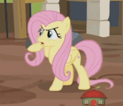 Size: 245x212 | Tagged: safe, derpibooru import, screencap, fluttershy, pony, fluttershy leans in, angry, animated, fluttershy is not amused, gif, solo, treehouse logo