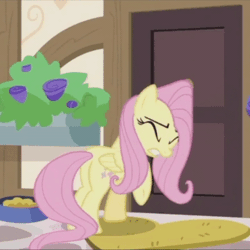 Size: 400x400 | Tagged: safe, derpibooru import, screencap, fluttershy, pony, fluttershy leans in, animated, cropped, door, female, fluttershy vs door, gif, mare, out of context, plot, solo