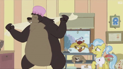 Size: 400x225 | Tagged: safe, derpibooru import, screencap, clementine, doctor fauna, henry, lola the sloth, bear, giraffe, pony, sloth, fluttershy leans in, animal, animated, female, gif, hat, presenting, ribbon, shower cap, that's just creepy, towel, window