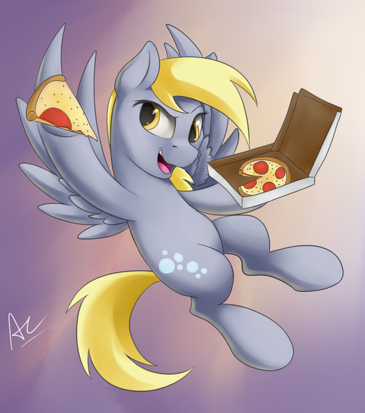 Size: 1600x1813 | Tagged: safe, artist:ac-whiteraven, derpibooru import, derpy hooves, pegasus, pony, rock solid friendship, female, flying, food, mare, open mouth, pizza, solo