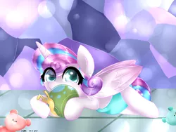 Size: 1000x750 | Tagged: safe, artist:papaii123, derpibooru import, princess flurry heart, whammy, alicorn, pony, a flurry of emotions, baby, baby alicorn, baby flurry heart, baby pony, cute, diaper, diapered, diapered filly, female, filly, flurrybetes, pink diaper, solo, teddy bear