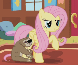 Size: 347x290 | Tagged: safe, derpibooru import, screencap, fluttershy, lola the sloth, pony, sloth, fluttershy leans in, animated, cute, gif, shyabetes, spread wings, talking, wings