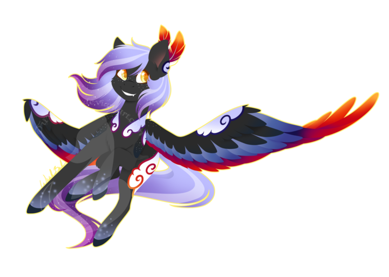 Size: 1024x729 | Tagged: safe, artist:fuyusfox, derpibooru import, oc, oc:cloudy night, unofficial characters only, pegasus, pony, colored eyelashes, colored hooves, colored pupils, commission, ear fluff, fangs, feather, female, flying, looking at you, mare, outline, pretty, rainbow power, rainbow power-ified, simple background, smiling, solo, sparkles, spread wings, starry eyes, transparent background, watermark, wingding eyes, wings, yellow eyes