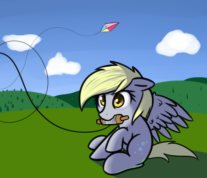 Size: 972x839 | Tagged: safe, artist:neuro, derpibooru import, derpy hooves, pegasus, pony, female, floppy ears, kite, kite flying, mare, mouth hold, raised hoof, sitting, solo, wing fluff