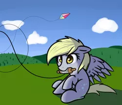 Size: 972x839 | Tagged: safe, artist:neuro, derpibooru import, derpy hooves, pegasus, pony, female, floppy ears, kite, kite flying, mare, mouth hold, raised hoof, sitting, solo, wing fluff