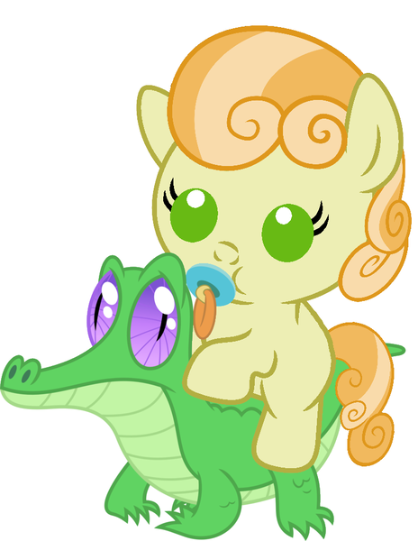 Size: 786x1017 | Tagged: safe, artist:red4567, derpibooru import, gummy, junebug, pony, baby, baby pony, cute, pacifier, ponies riding gators, riding
