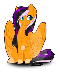 Size: 750x901 | Tagged: safe, artist:fuyusfox, derpibooru import, oc, oc:sunrise, unofficial characters only, pegasus, pony, art trade, blue eyes, colored eyelashes, colored hooves, colored pupils, cute, female, looking at you, mare, multicolored hair, outline, raised hoof, simple background, sitting, solo, transparent background, watermark, wing fluff