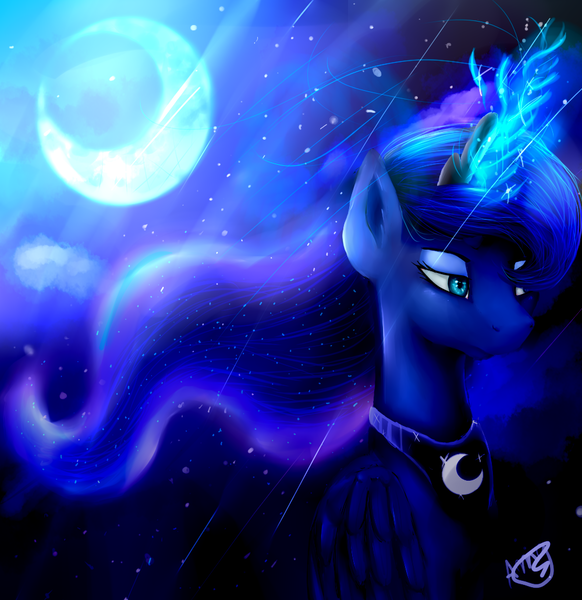 Size: 1000x1031 | Tagged: dead source, safe, artist:canelamoon, derpibooru import, princess luna, pony, magic, moon, moonrise, solo