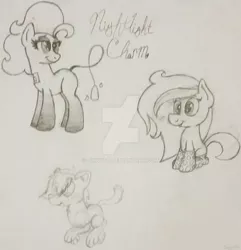 Size: 1024x1062 | Tagged: safe, artist:binkyt11, derpibooru import, oc, oc:binky, oc:melon dew, oc:nightlight charm, unofficial characters only, cat, pony, :p, clothes, female, mare, socks, tongue out, traditional art, wingless