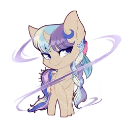 Size: 900x916 | Tagged: safe, artist:fuyusfox, derpibooru import, oc, oc:lilly wishes, unofficial characters only, pony, unicorn, braid, chibi, commission, curved horn, cute, feather, female, freckles, hair accessory, lidded eyes, magic, mare, multicolored hair, outline, purple eyes, signature, simple background, solo, sparkles, standing, transparent background, watermark