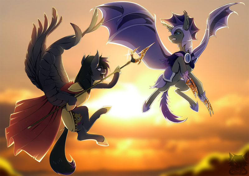 Size: 1400x987 | Tagged: safe, artist:renciel, derpibooru import, oc, oc:au hasard, oc:rome silvanus, unofficial characters only, bat pony, pegasus, pony, armor, backlighting, bat wings, chickun, claws, commission, duo, faic, fangs, fight, flying, gritted teeth, helmet, hoof blades, looking at each other, male, meme, night guard, royal guard, spear, spread wings, stallion, sunset, weapon, wings