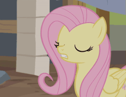 Size: 583x451 | Tagged: safe, derpibooru import, screencap, fluttershy, pony, fluttershy leans in, animated, eyes closed, gif, pointing, solo, talking
