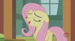Size: 844x462 | Tagged: safe, derpibooru import, screencap, fluttershy, pegasus, pony, fluttershy leans in, cute, eyes closed, female, floppy ears, mare, open mouth, shyabetes, solo