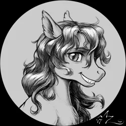 Size: 800x800 | Tagged: safe, artist:amarynceus, deleted from derpibooru, derpibooru import, oc, oc:still current, unofficial characters only, pony, fangs, female, grin, looking at you, mare, monochrome, patreon reward, slit eyes, smiling, solo