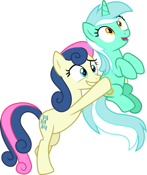 Size: 3001x3558 | Tagged: safe, artist:cloudyglow, artist:parclytaxel, artist:zutheskunk edits, derpibooru import, bon bon, lyra heartstrings, sweetie drops, earth pony, pony, unicorn, rock solid friendship, carrying, female, high res, lesbian, lyrabon, mare, shipping, simple background, smiling, transparent background, vector