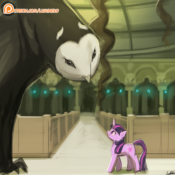 Size: 750x750 | Tagged: dead source, safe, artist:lumineko, derpibooru import, twilight sparkle, owl, pony, unicorn, avatar the last airbender, crossover, duo, female, looking at each other, looking up, mare, open mouth, patreon, patreon logo, smiling, wan-shi-tong