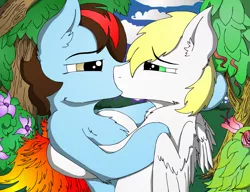 Size: 2396x1836 | Tagged: safe, artist:konigbouncer, derpibooru import, oc, oc:angel rose, oc:fiopon, unofficial characters only, pony, garden, gay, hug, kissing, male