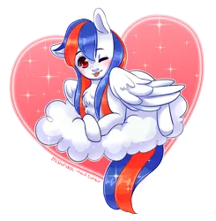 Size: 1280x1306 | Tagged: safe, artist:mishmash-mod, derpibooru import, oc, oc:ocean bird, unofficial characters only, pegasus, pony, blushing, chest fluff, cloud, heart, one eye closed, raspberry, solo, tongue out, wink