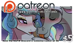 Size: 1001x592 | Tagged: suggestive, artist:stepandy, derpibooru import, discord, princess celestia, alicorn, pony, comic:double cuddles, advertisement, banner, blushing, comic, couple, dislestia, female, licking, male, mare, patreon, patreon logo, patreon preview, shipping, straight, tongue out