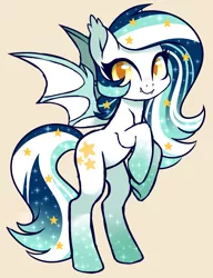 Size: 1503x1957 | Tagged: safe, artist:hawthornss, derpibooru import, oc, oc:wistful galaxy, unofficial characters only, bat pony, pony, cute, cute little fangs, ear fluff, fangs, looking at you, simple background, solo, underhoof