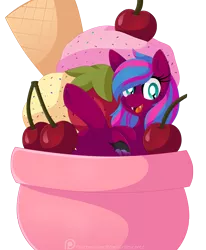 Size: 1929x2336 | Tagged: safe, artist:pearlyiridescence, derpibooru import, oc, oc:spanking shade, unofficial characters only, bat pony, pony, cherry, cup, cup of pony, female, food, fruit, ice cream, micro, open mouth, smiling, solo, strawberry, sundae, underhoof