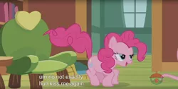 Size: 1920x970 | Tagged: safe, derpibooru import, screencap, fluttershy, pinkie pie, pony, fluttershy leans in, bedroom eyes, implied flutterpie, implied lesbian, implied shipping, meme, solo, youtube caption