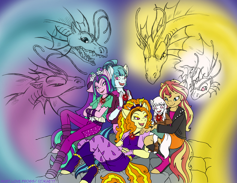 Size: 1300x1008 | Tagged: safe, artist:kaemantis, derpibooru import, adagio dazzle, aria blaze, sonata dusk, sunset shimmer, oc, oc:snowshine, anthro, siren, unguligrade anthro, adopted offspring, equestria girls outfit, female, image, jpeg, lesbian, parent:adagio dazzle, parents:sunsagio, parent:sunset shimmer, shipping, siren oc, sunsagio, the dazzlings, true form