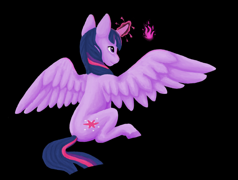 Size: 1024x772 | Tagged: safe, artist:believeinshadows, derpibooru import, twilight sparkle, twilight sparkle (alicorn), alicorn, pony, black background, female, glowing horn, magic, mare, rear view, simple background, sitting, solo, spread wings, wings