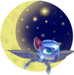 Size: 1024x1051 | Tagged: safe, artist:aquapegasus, derpibooru import, princess luna, pony, crescent moon, cute, lunabetes, moon, prone, s1 luna, solo, spread wings, stars, tangible heavenly object, transparent moon, wings