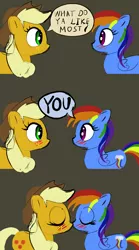 Size: 1594x2870 | Tagged: safe, artist:xbi, derpibooru import, applejack, rainbow dash, pony, appledash, dialogue, female, kissing, lesbian, shipping