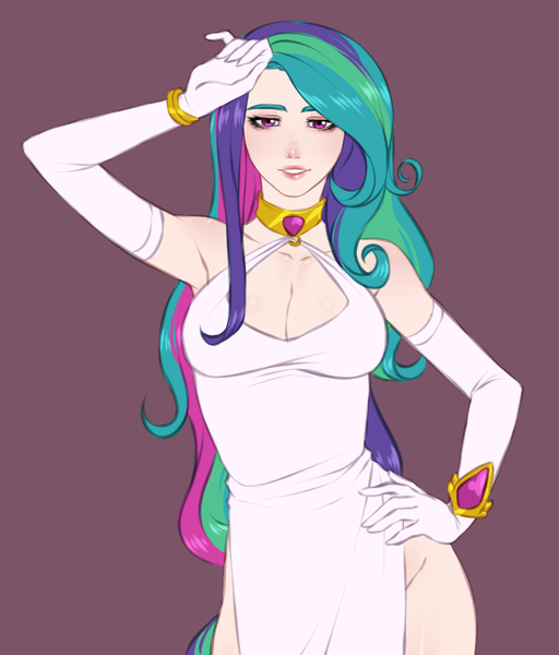 Size: 854x1000 | Tagged: armpits, artist:crimsonsnow, breasts, busty princess celestia, cleavage, clothes, derpibooru import, dress, evening gloves, female, gloves, high-cut clothing, human, humanized, long gloves, princess celestia, safe, side slit, solo