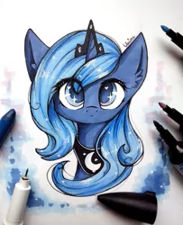 Size: 1024x1263 | Tagged: safe, artist:chimeeri, derpibooru import, princess luna, alicorn, pony, cute, female, filly, heart eyes, irl, looking at you, lunabetes, marker, marker drawing, photo, solo, traditional art, wingding eyes, woona, younger