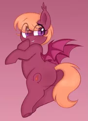 Size: 921x1269 | Tagged: safe, artist:toroitimu, derpibooru import, oc, oc:capillary, unofficial characters only, bat pony, pony, female, gradient background, looking back, mare, plot, plump, smiling, solo, thick