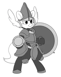 Size: 1280x1623 | Tagged: safe, artist:pabbley, derpibooru import, ponified, pony, armor, bipedal, grayscale, monochrome, shield, shield knight, shovel knight, simple background, solo, white background