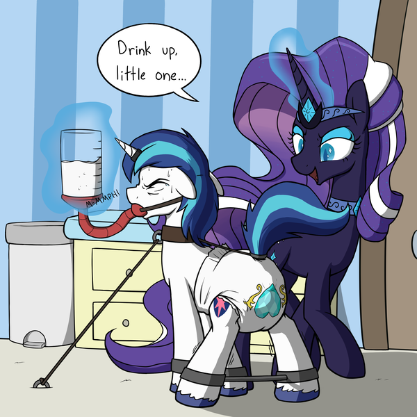 Size: 2000x2000 | Tagged: questionable, artist:skitter, derpibooru import, nightmare rarity, princess cadance, shining armor, pony, ballgag, bondage, collar, cuffs, cutie mark diapers, diaper, diaper fetish, diaper tf, eyes closed, feeding tube, fetish, floppy ears, force feeding, gag, horn ring, magic, magic suppression, muffled moaning, poofy diaper, shivering, spreader bar, sweat, tail holder, telekinesis, tether