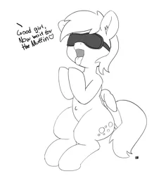 Size: 1280x1461 | Tagged: suggestive, artist:pabbley, derpibooru import, derpy hooves, pony, belly button, blindfold, dialogue, female, grayscale, monochrome, offscreen character, open mouth, simple background, sitting, solo, solo female, tongue out, white background